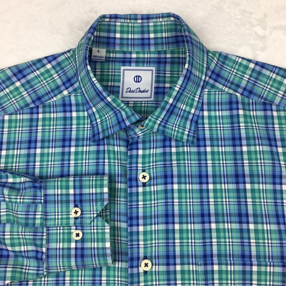 David Donahue Mens Dress Shirt Large Blue Green Plaid Long Sleeve Cotton